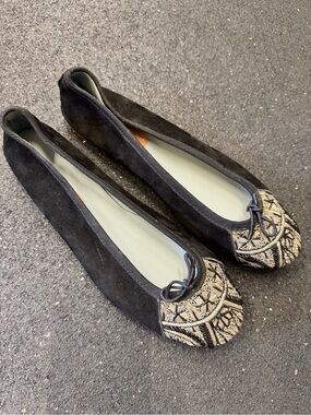 Meher Kakalia Black Suede Ballet Flat Gold Detail Office Shoes US Size 9